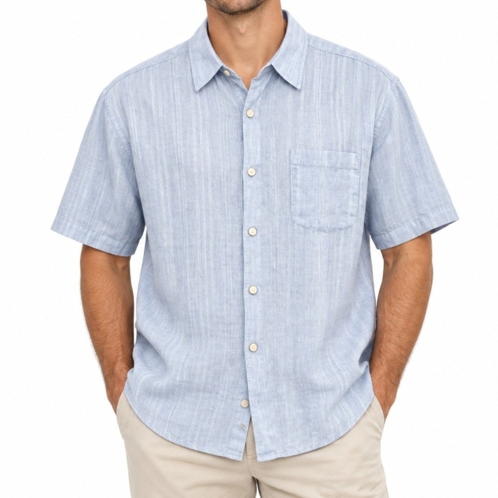 Tommy Bahama Shirt Mens Medium Blue Textured Stripe Button Up Beach Vacation